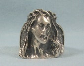 STERLING JESUS Ring Size 7-Vintage 925 Silver-Religious Christian Catholic-Holy Son of God Deity-Crown Of Thorns-Dimensional Head Face Cameo