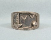 STERLING SAILBOAT SCENE Wide Band Ring Size 8-Vintage 925 Silver-Mini Miniature Nautical Landscape Shadowbox Scene-Seagulls Birds Land Waves