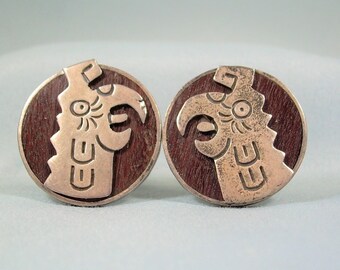 STERLING MEXICO BIRD Cufflinks Cuff Links-Vintage 925 Silver Overlay-Brown Wood-Cheo Hallmark-South America Spirit Sky Deity Condor Parrot