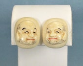 STERLING JAPANESE TOSHIKANE Screw Back Earrings-Antique Vintage Silver-Hand Painted Porcelain Japan God Of Happiness Hotei Laughing Buddha