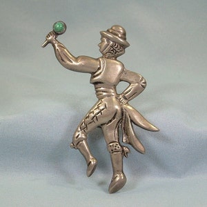 2-3/4&quot; STERLING FLAMENCO DANCER Brooch Pin-Vintage 925 Silver-Green Turquoise-Traditional Folk Mariachi Maracas Wooden Rumba Shaker Rattle