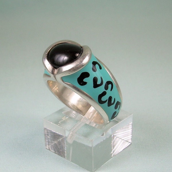 STERLING DAVID SIGAL Ring Size 8-Vintage 925 Silver-Blue Enamel-Black Onyx-Designer Hallmark-Cheetah Leopard Animal Print Paw Tracks Pattern