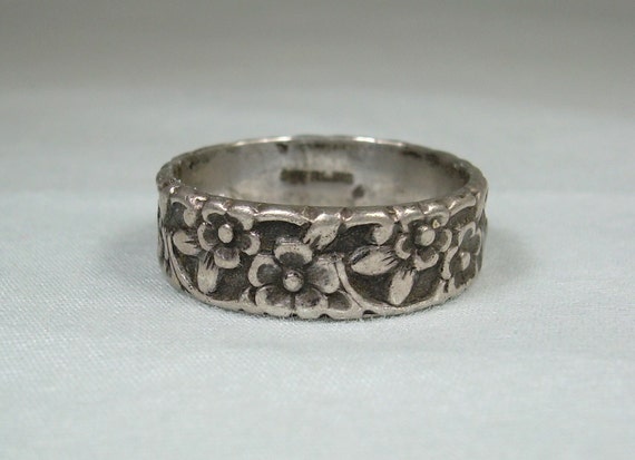 STERLING ANTIQUE FLOWERS Ring-Vintage 925 Silver-… - image 1