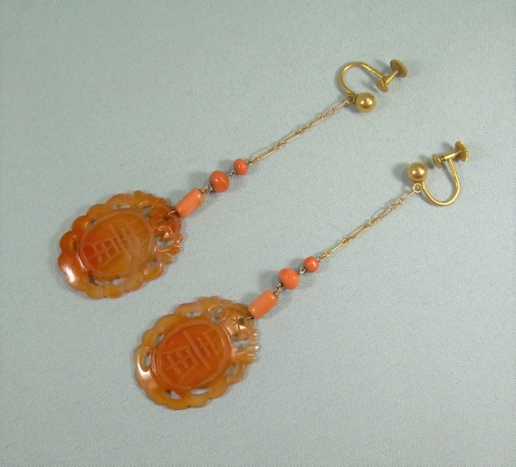 14K CHINESE CARVED CARNELIAN Coral Earrings-Antiq… - image 1