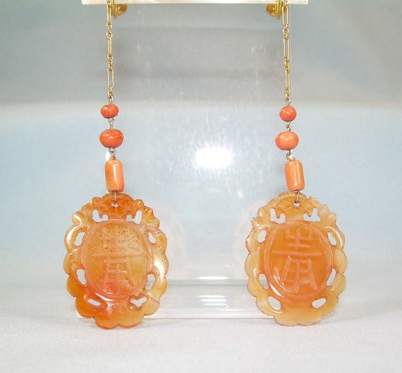 14K CHINESE CARVED CARNELIAN Coral Earrings-Antiq… - image 2