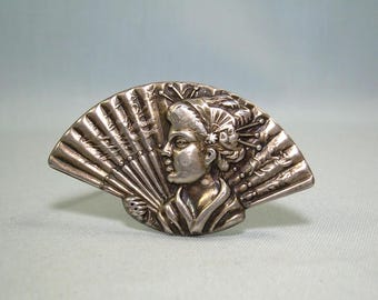 1-7/8" STERLING JAPANESE GEISHA Pin Brooch-Vintage Repousse Hollow 925 Silver-Female Women Girl Maiko Oiran Courtesan Fan Cherry Blossoms