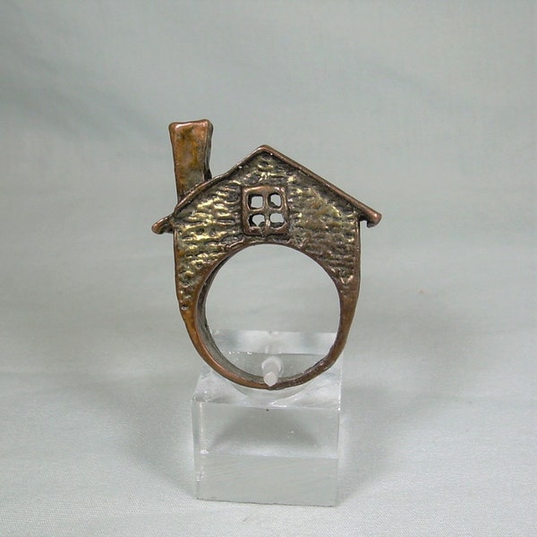 COPPER STONE COTTAGE Ring-Vintage Handmade Dimensional Chimney Cabin Home Sweet House-Secret Garden Dwelling-Medieval Architecture Sculpture