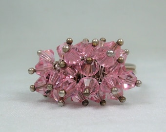 STERLING CHA CHA Anillo Tamaño 8-Vintage 925 Plata-Vidrio rosa brillante o cuentas de cristal con cuentas Party Cluster-Individualmente alambre envuelto