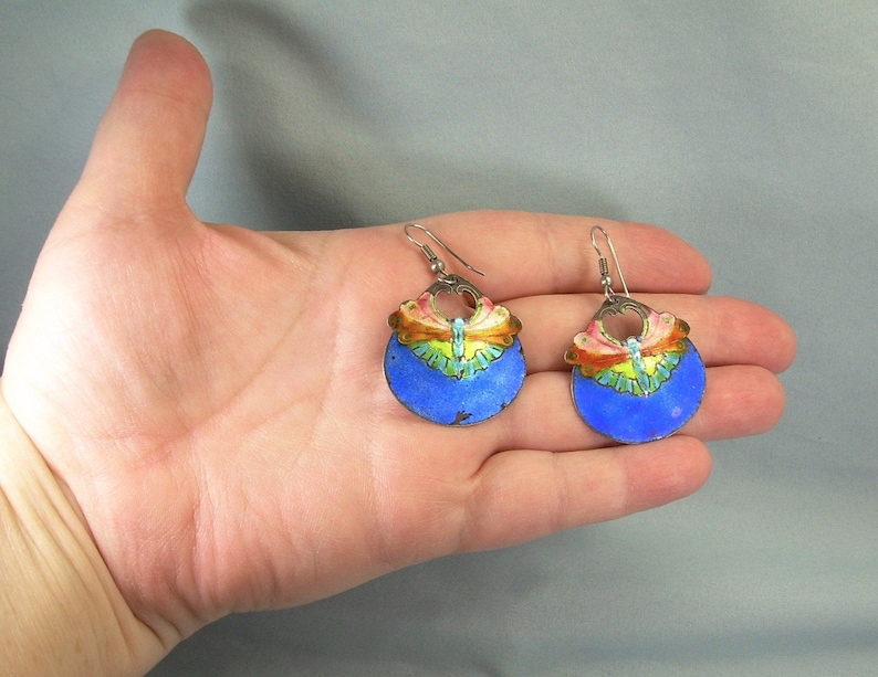 STERLING CHINESE BUTTERFLY Moths Wire Hook Earrings-Vintage 925 Silver-Blue Pink Orange Lime Green Enamel-Cloisonne-Traditional China