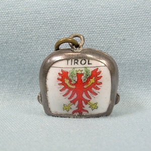 5/8&quot; 800 SILVER ANTIQUE TIROL Austria Cow Bell Charm Pendant-Vintage Almost Sterling-Enamel-Coat Of Arms Flag Eagle Crest Heraldry