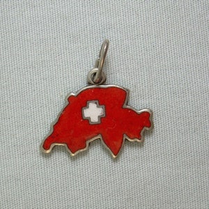 800 PLATA SUIZA Mapa de la Tierra Encanto Colgante-Vintage Casi Sterling-Suizo Cruz Blanca Roja Esmalte-Hallmark-Europa Europea Bandera Suisse