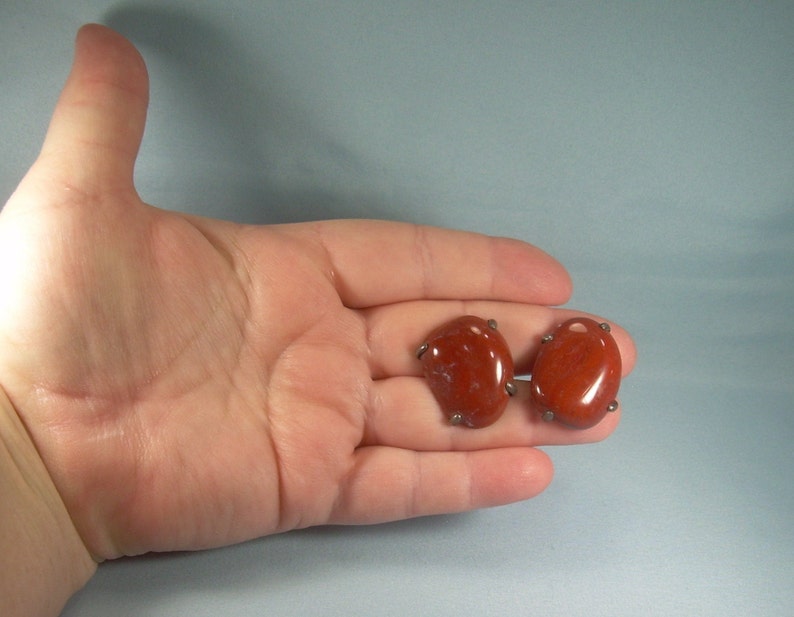 STERLING HUGE RED Jasper Cuff Links-Vintage Antique 925 Silver-Chunky Southwest Blood Stone Rock-Giant Large Big-Hinged Cuff Links-Oval Eggs