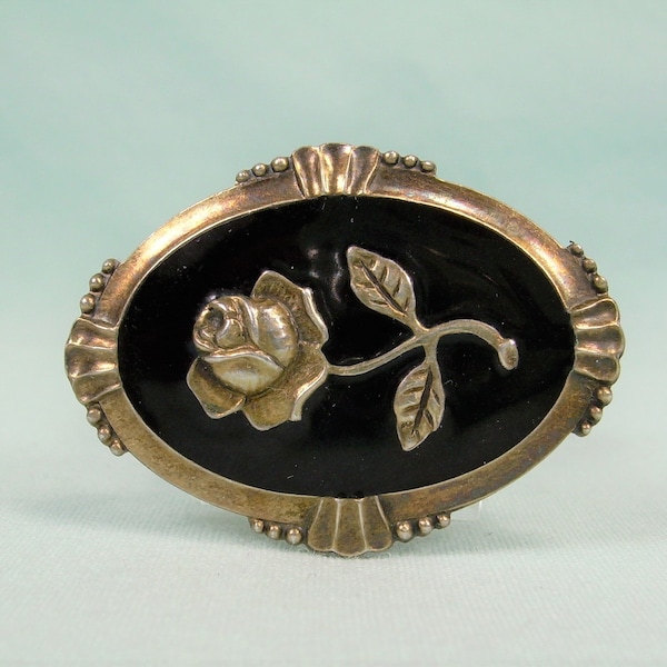 1-1/4" 830 SILVER NORWEGIAN MOURNING Pin Brooch-Vintage Gold On Almost Sterling-Black Enamel-Arne Nordlie Norway Hallmark-Rose Flower Bud