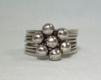 STERLING BANDED BALL Rings Size 7-Vintage 925 Silver-Multi Layers-Cluster Set Of Seven Stackable Stacking Bands Group-Orbs Spheres Balls