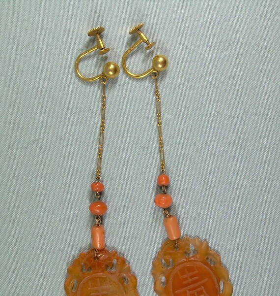 14K CHINESE CARVED CARNELIAN Coral Earrings-Antiq… - image 8