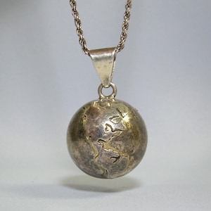 24" PEACE on EARTH harmonie cloche pendentif-chaîne collier-argent 925 vintage-atlas monde globe boule planète orbe sphère carte des terres