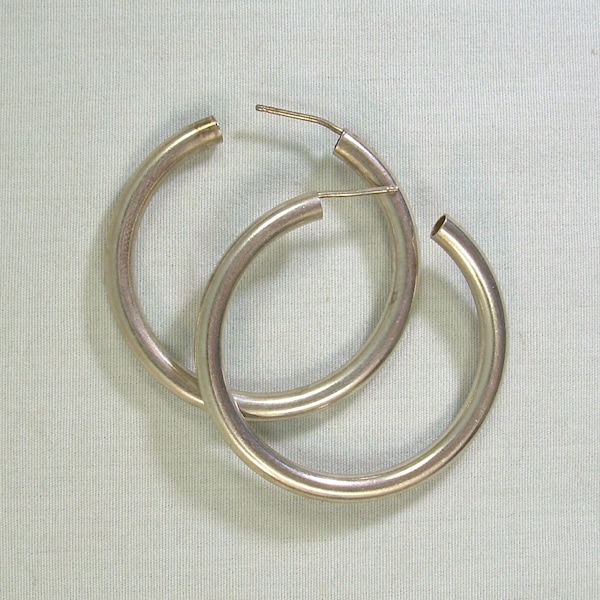 1-9/16" STERLING HOOPS Post Earrings-Vintage 925 Silver-Chunky Polished Hollow Puffy Tubular Tubes-Dangling Hanging Circles Full Moons