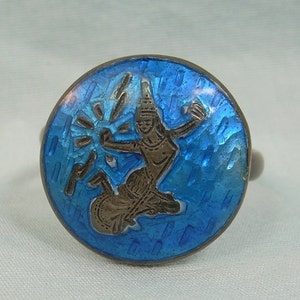 STERLING SIAM Mekkala Lightning Goddess Of The Sea Ring-Vintage 925 Silver-Blue Enamel-Niello Nielloware-Vietnam War Era-Nautical Ocean