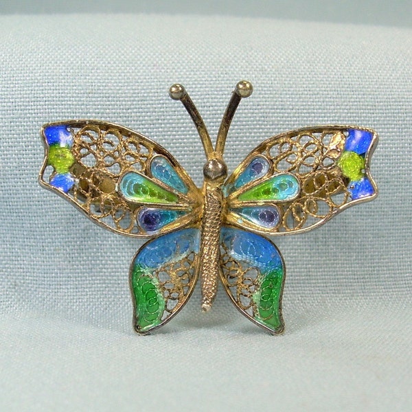 ANTIQUE ITALIAN BUTTERFLY Pin Brooch-Vintage Gold On 800 Silver-Yellow Green Blue Enamel-Genova Italy Hallmark-Garden Farfalla-Plique A Jour