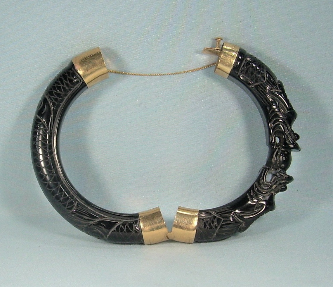 14K JADE DRAGONS Bangle BraceletVintage Carved Etsy