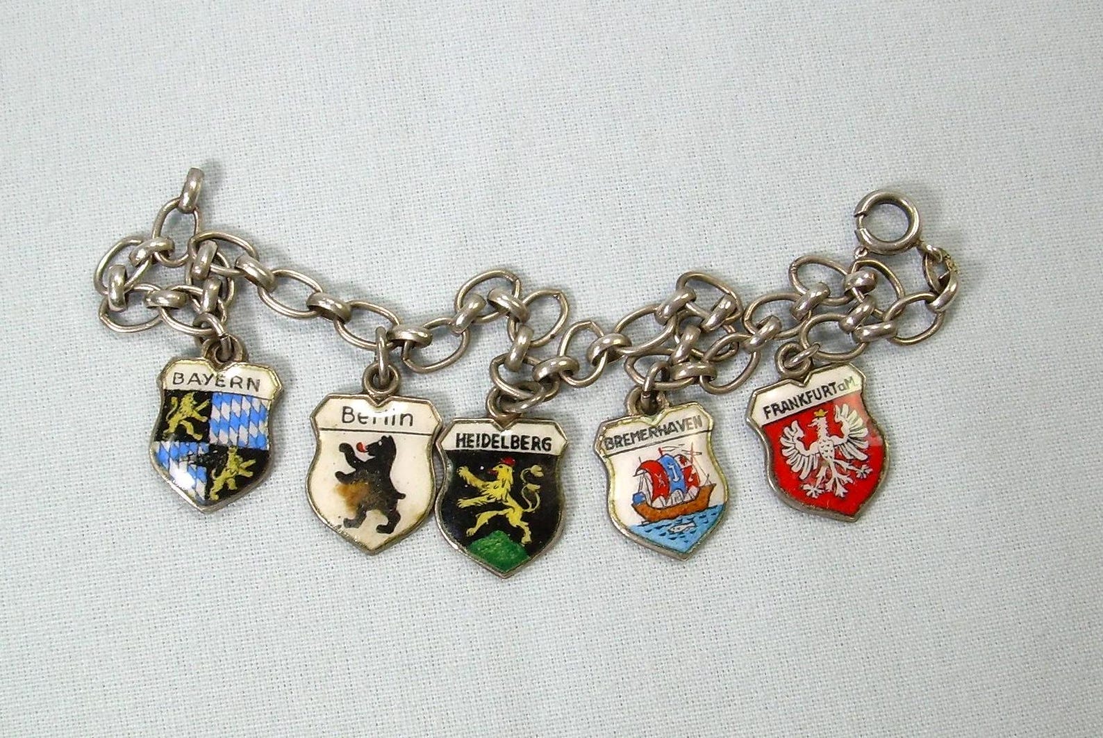 800 SILVER GERMANY Travel Shield Charms On 835 Silver Bracelet Chain-Vintage Almost Sterling-Enamel-German Souvenir-Heraldic Heraldry Crests