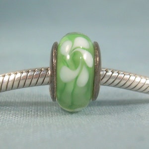 STERLING QG Italy-QRS655 Reflections Green White Floral Flower Swirls Murano Glass-European Charm Bead-925 Silver-Slides On Not Threaded