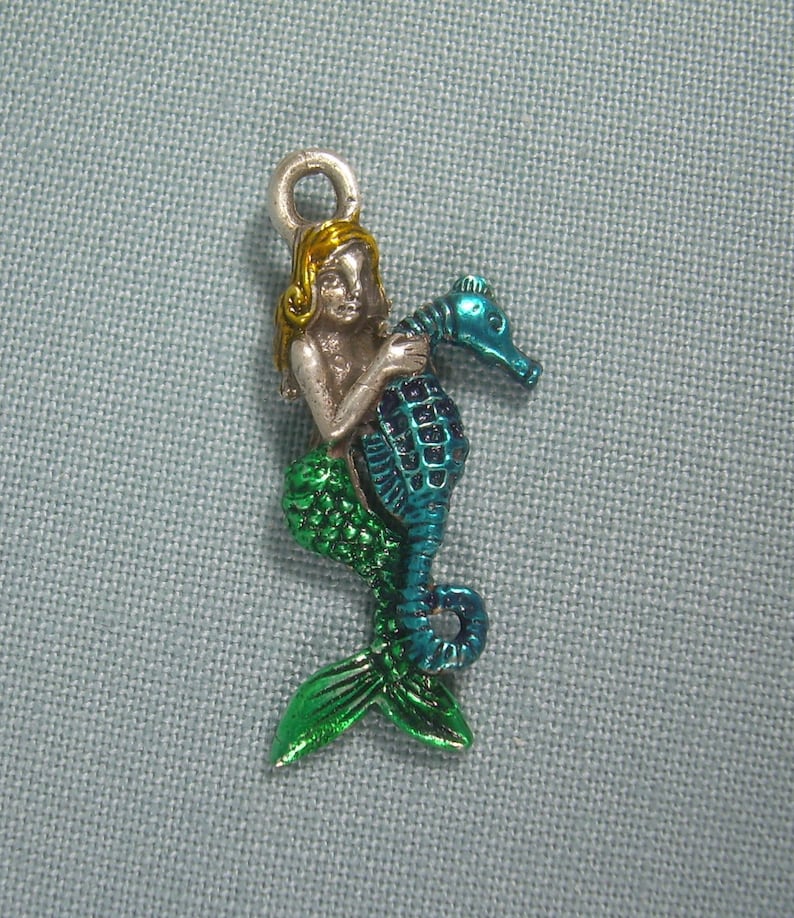 STERLING MERMAID RIDING Seahorse Pendant Charm-Vintage Silver-Blue Green Yellow Enamel-3D Double Sided-Sailor Siren Maiden Ocean Sea Horse