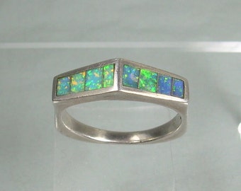 STERLING NAVAJO OPAL Inlay Band Ring Size 8-1/2 Vintage 925 Silver-Native Indian Alvin Vandever Av Hallmark-Iridescent Fire Color Changing