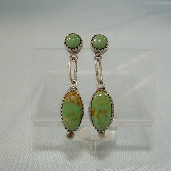 STERLING ZUNI TURQUOISE Post Earrings-Vintage 925 Silver-Blue Green Brown Stone-Fw Fred Weekoty Hallmark-Handmade Southwest Hanging Dangling