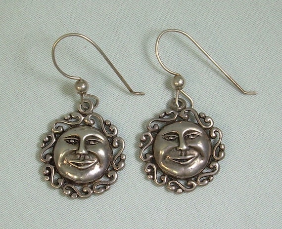 STERLING CELESTIAL Wire Hook Earrings-Vintage 925… - image 1