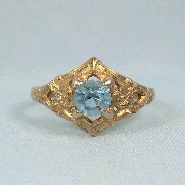STERLING BLUE GLASS Ring Size 4-1/4 Vintage Antique Gold On 925 Silver-Forget Me Not Flowers-Kiddiegem Uncas Hallmark-Little Small Tiny Wee