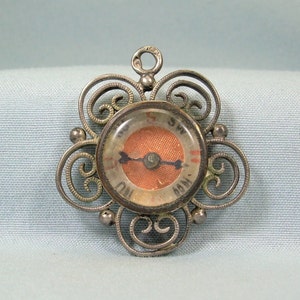 STERLING ANTIKEN KOMPASS Charm Anhänger Fob-Arbeiten Vintage 925 Silber-Glas & Kupfer Gold Face-Mini Miniatur-Französisch Frankreich Deutsch Deutschland