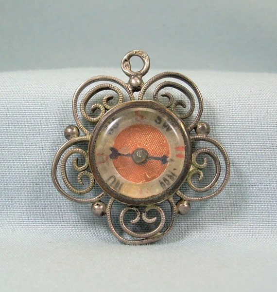 STERLING ANTIQUE COMPASS Charm Pendant Fob-Working