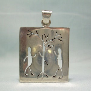 2" STERLING ADAM & EVE hanger-vintage 925 zilver-Mexico-tuin van Eden verboden fruit slang levensboom religieus verhaal-grote grote stencil