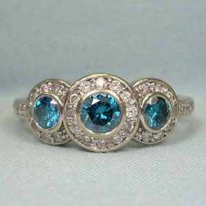 5.1g 14K BLUE & CLEAR DIAMOND Halo Ring Sz 11-Vintage 14kt 585 au White Gold-Wedding Anniversary Eternity Band-Past Present Future-Bezel Set