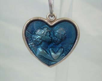 STERLING KISSING Angels Heart Charm Pendant-Vintage 925 Silver-Blue Enamel-SA Argenti Italy Hallmark-Hugging Cherubs Twin Two Guardians