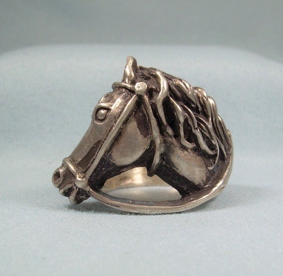 STERLING HORSE Ring-Vintage Chunky Heavy 925 Silv… - image 2