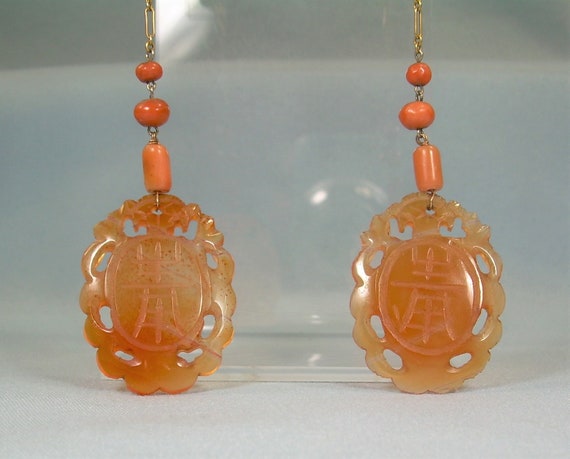 14K CHINESE CARVED CARNELIAN Coral Earrings-Antiq… - image 3