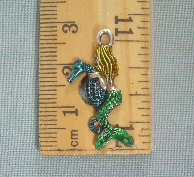 STERLING MERMAID RIDING Seahorse Pendant Charm-Vintage Silver-Blue Green Yellow Enamel-3D Double Sided-Sailor Siren Maiden Ocean Sea Horse