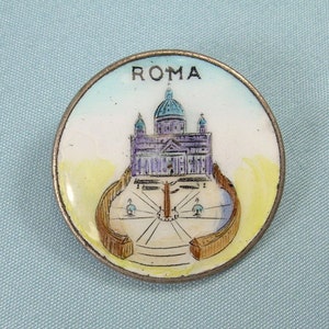 ANTIQUE PORCELAIN ROMA Italy Pin Brooch-Vintage Hand Painted Enamel-Catholic Vatican Rome Italian Religious Scene-Silver Tone Not Sterling