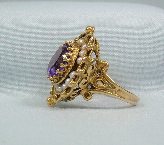 6.6g 14K AMETHYST & PEARL Ring Sz 5 to 5-1/4-Vint… - image 5