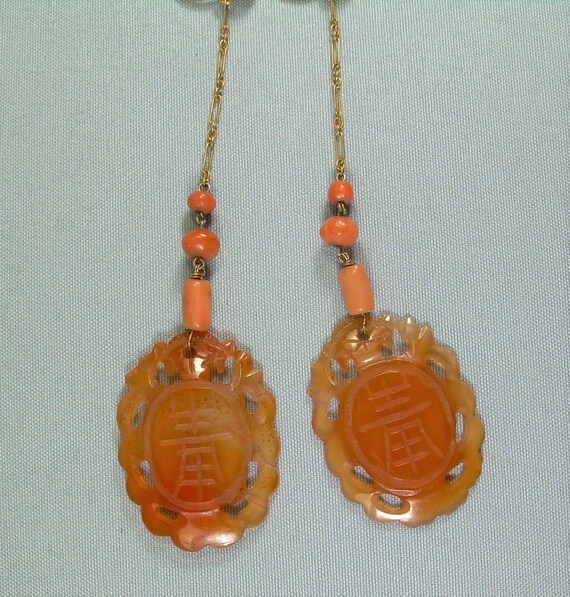 14K CHINESE CARVED CARNELIAN Coral Earrings-Antiq… - image 7