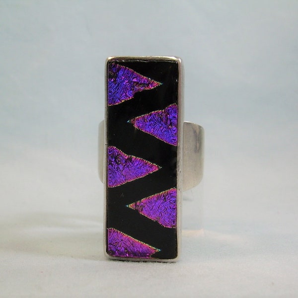 STERLING DICHROIC GLASS Ring Sz 6-1/2 Vintage 925 Silver-Iridescent Black Purple Pink Glitter-Chunky Glittering Handmade-Striking Zig Zag