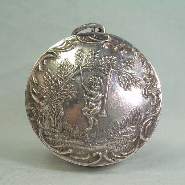 STERLING CHERUB On A Swing Locket Pendant-Vintage Repousse 925 Silver-Putti Angel Child-Compact Snuff Rosary Case Pill Box-Nouveau Victorian