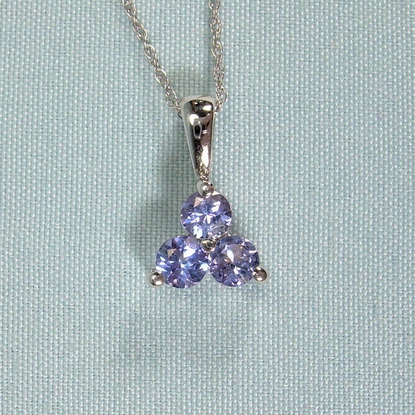 14kt PURPLE IOLITE TRIO Necklace-Vintage Solid White Gold-Three Pale Lilac Blue Gems Pendant & 18" Dainty Chain-Past Present Future Trinity