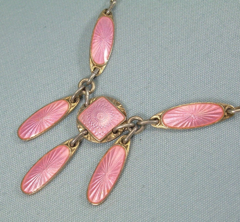 NORWEGIAN LAVALIER Necklace-Vintage Guilloche Gold On Sterling Silver-Pink Enamel-Norway Designer Hallmark-Dainty Dangling Chatelaine