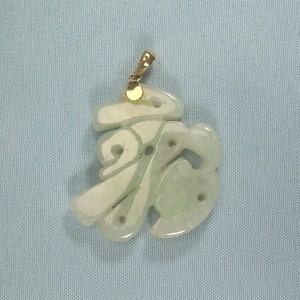 14K CARVED JADE Colgante Charm-Vintage 14kt Oro 585 au-WW Hong Kong Market Hallmark-Chinese Fu Bendiciones de buena fortuna Símbolo de personajes