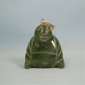 1-3/8" 14K JADE BUDDHA Charm Pendant-Vintage 14kt 585 au Yellow Gold-Carved Jadeite-Budai Putai Hotei-Chinese Happy Lucky Asia Deity-Big