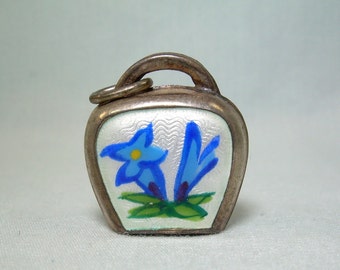 800 SILVER Blue Gentian Flower Cow Bell Charm Pendant-Vintage Antique Almost Sterling-Guilloche-Enamel-Bavarian Swiss Alps Forget Me Not