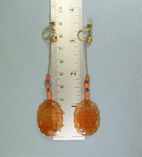 14K CHINESE CARVED CARNELIAN Coral Earrings-Antiq… - image 9